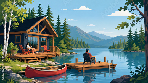 Outdoor Lifestyle Flat Illustration of People Relaxing On A Lakeside Cabin Dock