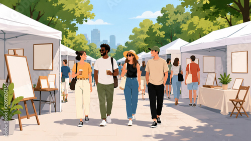 Outdoor Lifestyle Flat Illustration of Friends Walking Through An Outdoor Art Fair