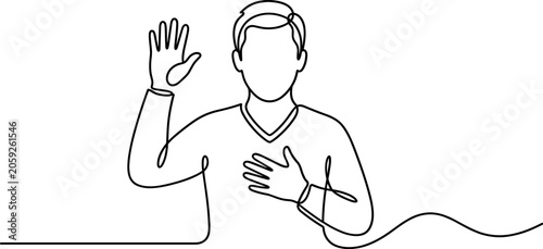 Photos Continuous line drawing of a man making a promise gesture.
