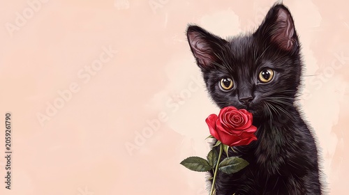 Cute pet in love with rose flower. Adorable domestic animal Valentine Banner with place for text. Greeting card floral concept design