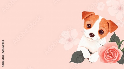 Adorable Jack Russell puppy peeking from pink roses and flowers on a pink background