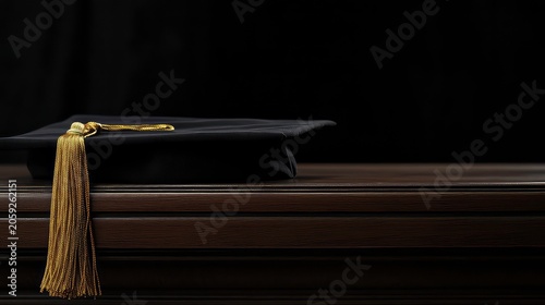 Extreme close-up of a black mortarboard (graduation cap) with golden tassel above a wooden desk, isolated on a black background with copy space, blank wide banner.