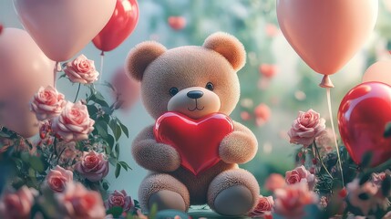 Cute teddy bear holding a heart in a romantic setting with roses and balloons for Valentine's Day celebration