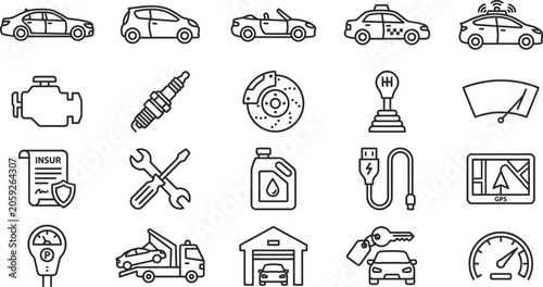 Bild auf Leinwand A collection of black line vector icons depicting various automotive vehicles an
