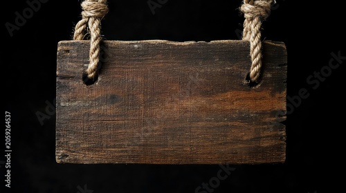 Extreme close-up of a blank wooden sign hanging with ropes isolated on black background with copy space. Template.