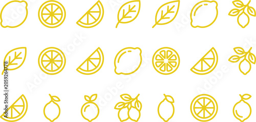 Foto Minimalist yellow lemon vector icon set showcasing various fruit shapes and citr