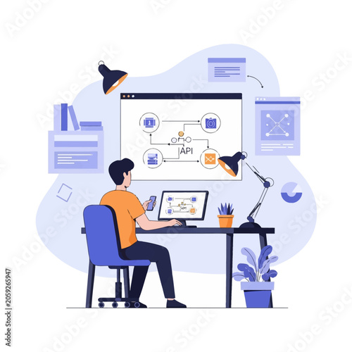 Flat Vector Illustration of a Software Developer Working on API Integration and Third-Party Connectivity, Showing a Technical Diagram on a Computer Screen in a Modern Workspace