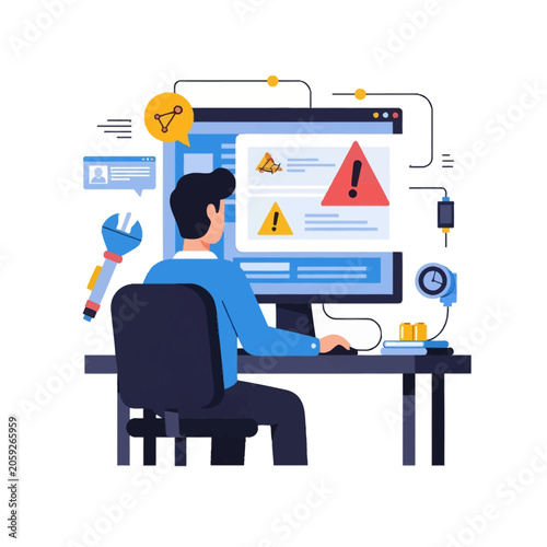 Flat vector illustration of a male software developer sitting at a desk, debugging code on a computer monitor with red warning icons, system error notifications, and maintenance tools.