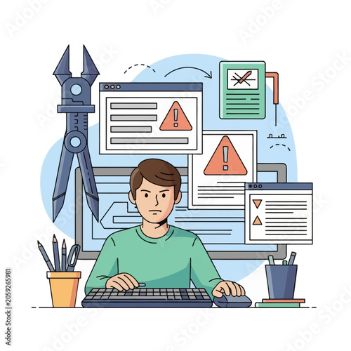 Flat vector illustration of a male developer working at a desk with a keyboard, facing a computer screen surrounded by multiple floating UI windows displaying error warning icons.
