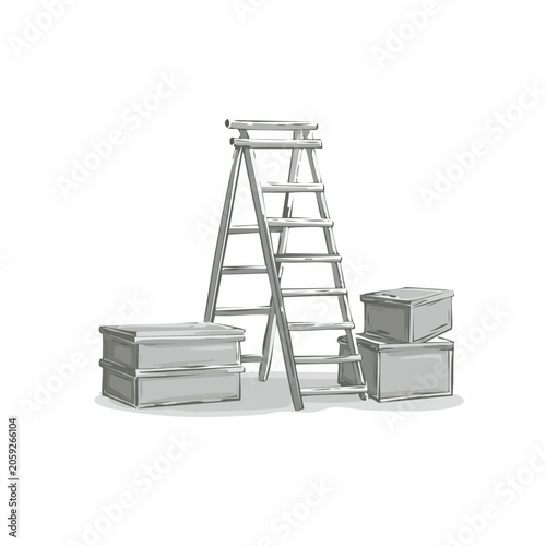 Step Ladder and Stacked Crates Line Art Illustration