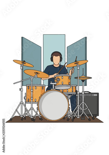 Vector illustration of a male drummer wearing headphones while playing a full drum set in a studio environment with acoustic panels, cymbals, bass drum, and a guitar amplifier.