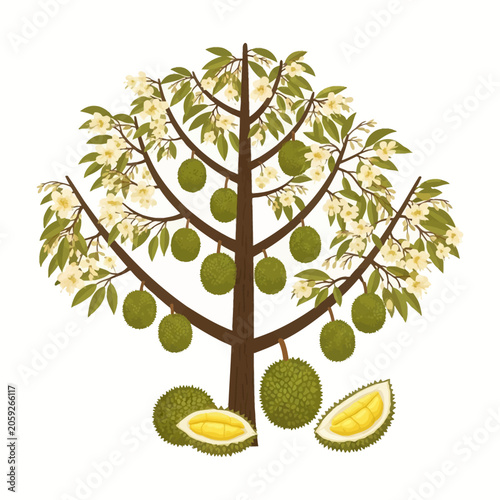 Vector illustration of a durian tree featuring branches with green spiky fruits, white flowers, and green leaves, with sliced open durians showing yellow fruit pulp at the base.
