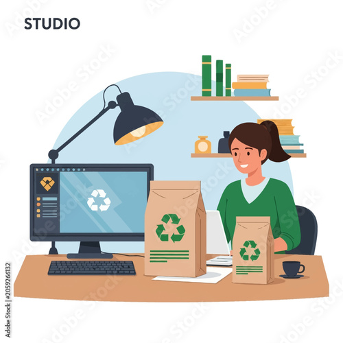 Flat vector illustration of a female graphic designer in a studio office creating sustainable eco-friendly packaging designs on paper bags featuring green recycling symbols.