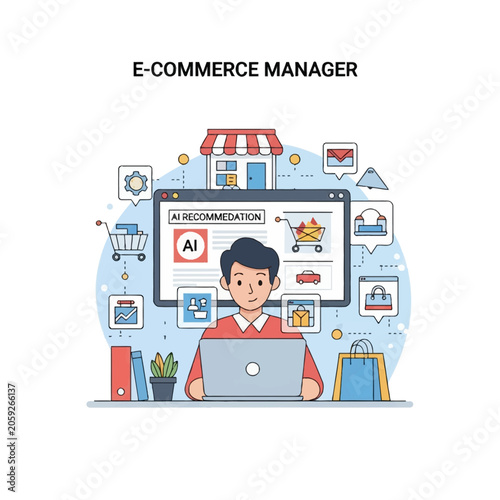 Flat vector illustration of an e-commerce manager working on a laptop with AI recommendations, featuring icons for online shopping, retail storefronts, and digital data analytics.