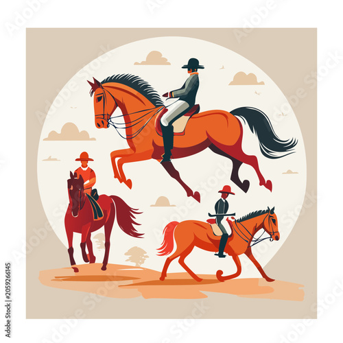 Western cowboys riding horses in flat vector style