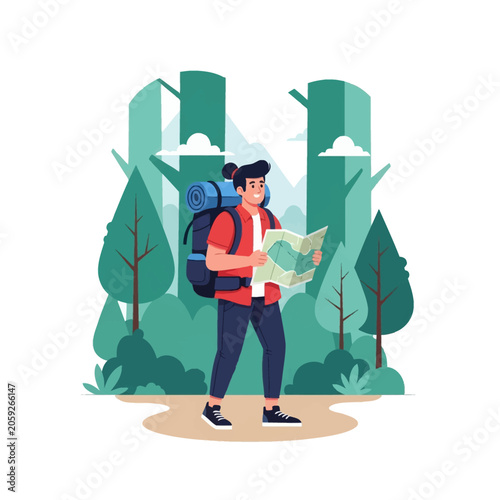 Flat vector illustration of a male traveler with a large backpack and camping gear holding a paper map while hiking through a stylized green forest with tall trees and clouds.