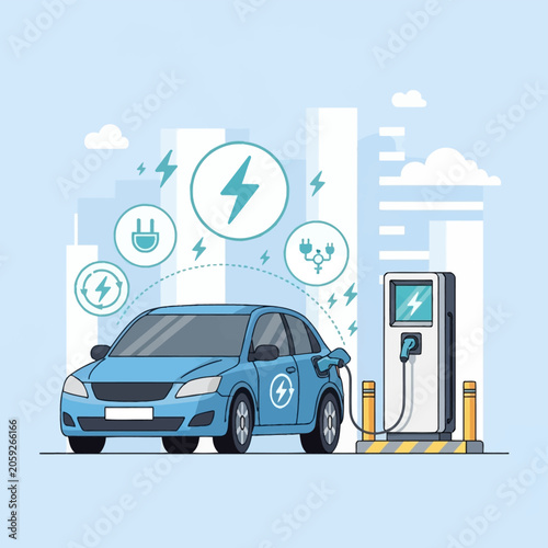 Vector illustration of a blue electric car connected to a charging station with energy icons, lightning bolts, and city skyline in a flat design style for sustainable transport.