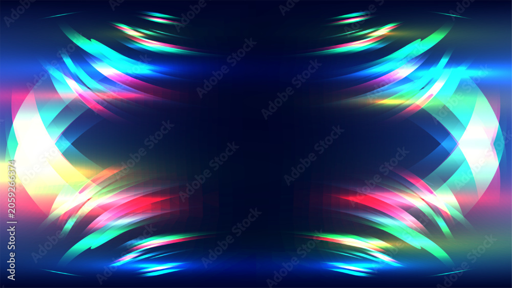 Obraz premium Futuristic abstract background featuring vibrant neon light trails and symmetrical curves on dark blue backdrop with central copy space, modern digital tech design