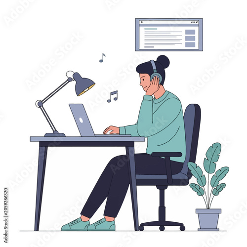 Vector illustration of a woman at a desk using a laptop while wearing headphones. Includes music notes, a desk lamp, office chair, potted plant, and a stylized wall browser window.