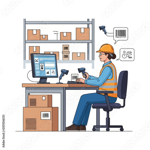 Flat vector illustration of a female warehouse worker wearing a hard hat and safety vest, managing inventory at a desk with a computer, barcode scanners, and cardboard boxes on shelves.