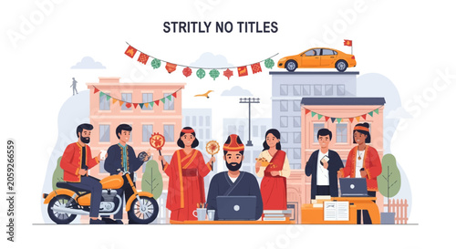 Flat vector illustration of diverse people wearing traditional ethnic and modern attire celebrating culture in a city with buildings, a motorcycle, a car, and festive hanging flags.