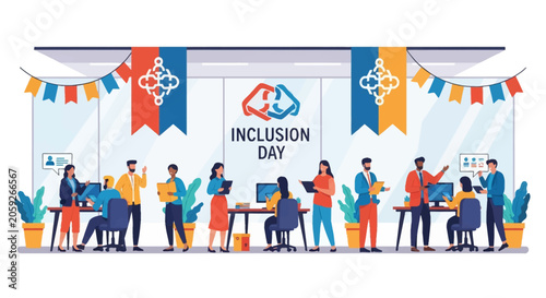 Flat vector illustration showing a diverse group of corporate employees celebrating Inclusion Day in a modern office setting with festive banners, bunting, and deskside workstations.