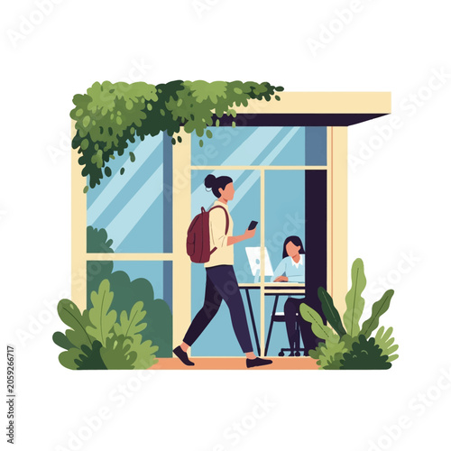 Vector illustration of a woman with a backpack and mobile phone walking past a modern glass office building where a colleague is working at a desk with a computer.