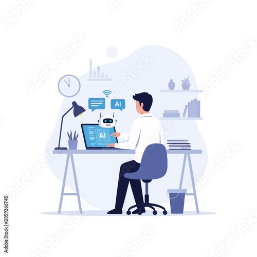 Vector illustration of a male professional sitting at a desk and using a laptop with a small artificial intelligence robot assistant hovering over the computer screen in a modern office.
