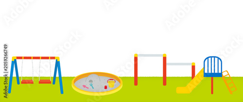 Photography Colorful Cartoon Playground Illustration with Swings, Sandbox, Slide and Monkey