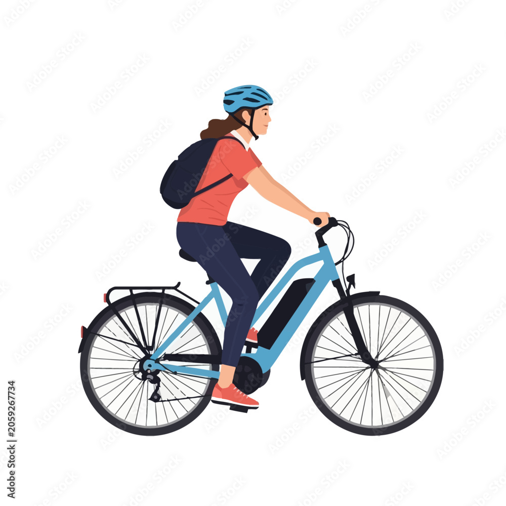 Naklejka premium Vector illustration of a woman riding a light blue electric bicycle for commuting, wearing a safety helmet and backpack, side profile view isolated on a white background.