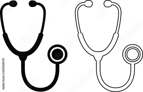 Obraz na plátně Vector icon set of a medical stethoscope featuring solid black silhouette and outline styles representing healthcare, hospital doctor equipment, and cardiology diagnosis isolated on white