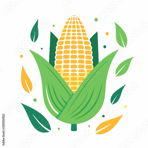 Stylized Corn Cob with Green Leaves and Dots