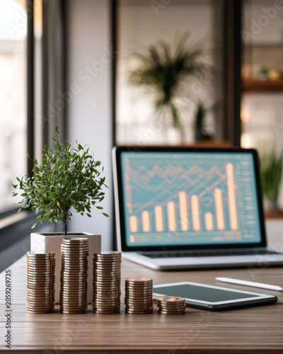 Realistic office desk leaf and finance growth concept