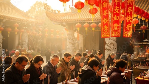 Asian people praying with incense in traditional Chinese temple during Lunar New Year. Faithful crowds celebrating spring festival. Cultural heritage, religious ritual and spirituality.