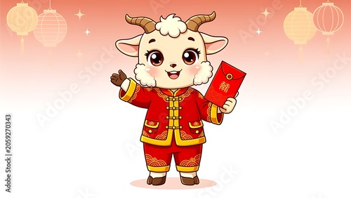 Cute goat cartoon character wearing traditional Chinese costume holding red envelope. Lunar New Year celebration greeting concept. Festive illustration for spring festival animal zodiac mascot.