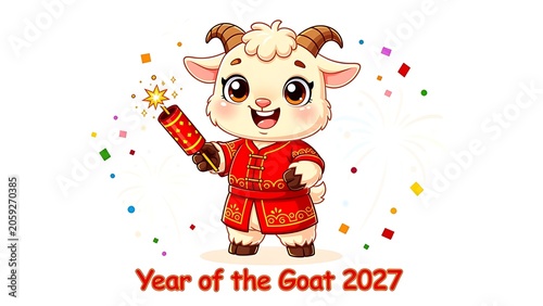 Cute goat cartoon character in traditional red clothing holding a firecracker. Illustration for Chinese New Year 2027 celebration greeting card. Festive animal mascot for lucky holiday.