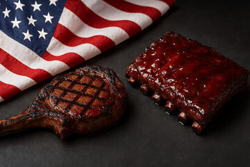 Grilled tomahawk ribeye beef steak and BBQ pork ribs with USA flag on black background. Premium American food for 4th of July Independence Day celebration, steakhouse menu and grill concept.