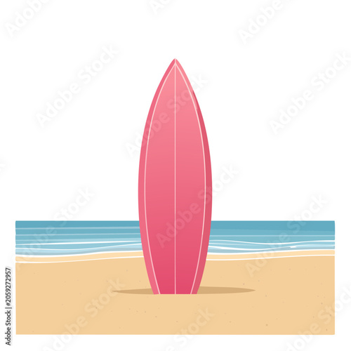 Pink Surfboard Standing on a Sandy Beach with Ocean Waves
