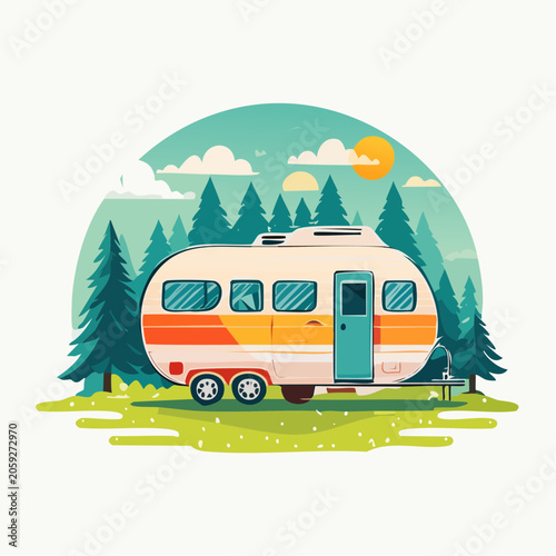 Retro Camper Van in a Forest Landscape