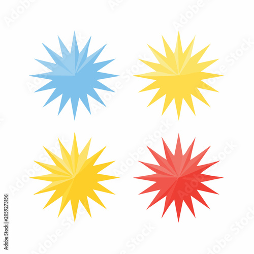 Four Starburst Shapes in Blue, Yellow, and Red