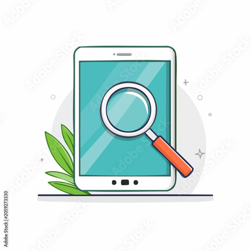 Tablet with Magnifying Glass and Plant