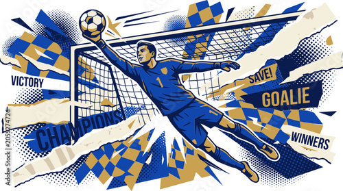 Dynamic soccer goalie vector illustration, goalkeeper making a diving save at the goal post, blue and gold sports poster with champions text