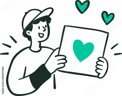 Smiling person holding a sign with a green heart