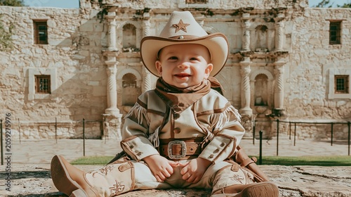 Europe medieval lifestyle. A candid portrait of a young child, likely a toddler, seated outdoors. The child wears a cowboy outfit a widebrimmed hat with a star, a beige jacket with fringes.