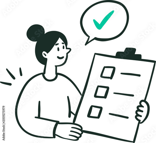 Smiling woman holding checklist with completed task