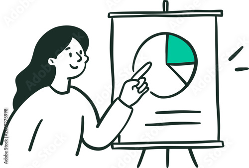 Woman presenting data with pie chart on flip chart