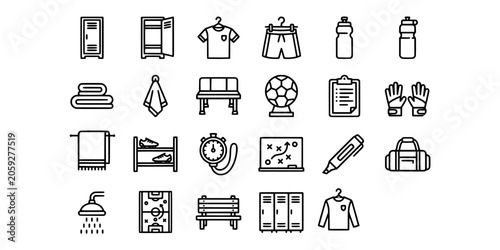 Photos Icon set collection of football dressing room facilities, sports equipment, apparel, storage, and training accessories in professional line art design