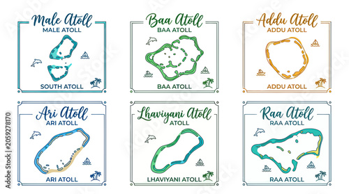 Maldives Atolls Map Collection: Male, Baa, Addu, Ari, Lhaviyani, Raa