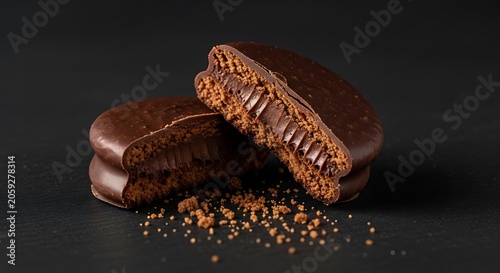A close-up studio shot of a decadent chocolate alfajor broken in two, revealing a smooth creamy filling and a rich textured cookie on a dark background
