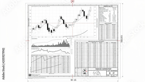 Financial stock chart with line graph candlesticks and data analysis for investment trading
